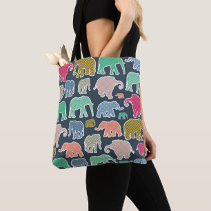 Colorful Elephants, Pattern Of Elephants, Zigzag Tote Bag