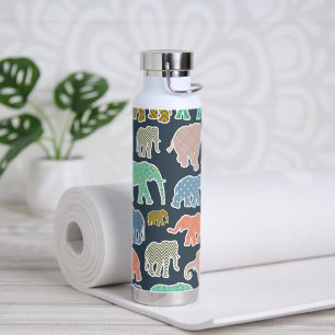 Colorful Elephants, Pattern Of Elephants, Zigzag Water Bottle