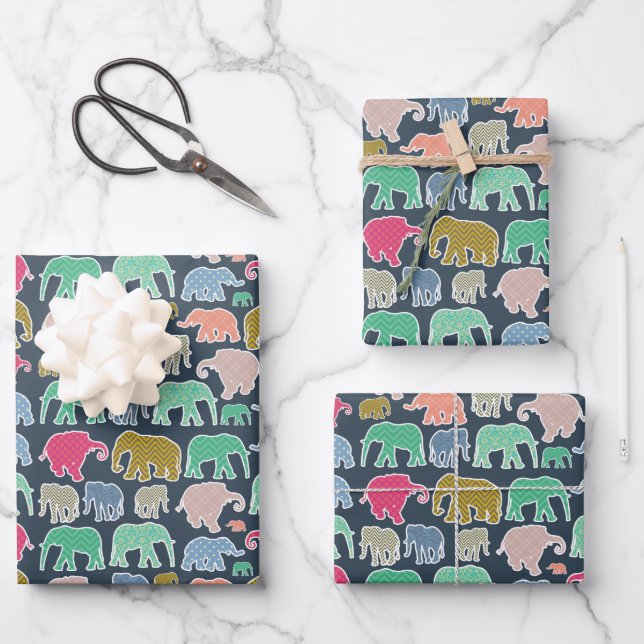Colorful Elephants, Pattern Of Elephants, Zigzag Wrapping Paper Sheets (Front)