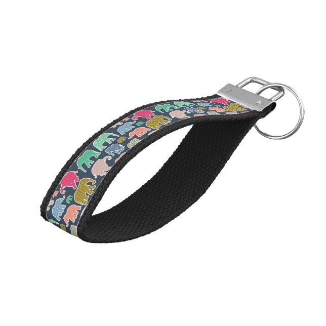 Colorful Elephants, Pattern Of Elephants, Zigzag Wrist Keychain (Angled Up)