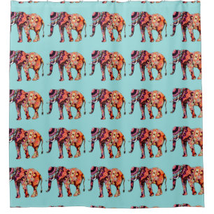 Colorful Elephants Tiled on a Blue Background Shower Curtain
