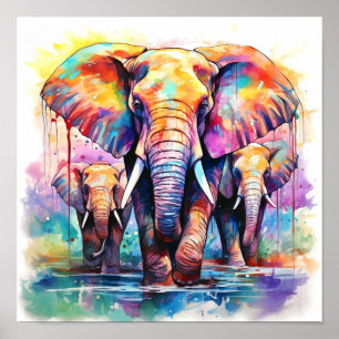 Colorful Elephants Watercolor Painting Poster