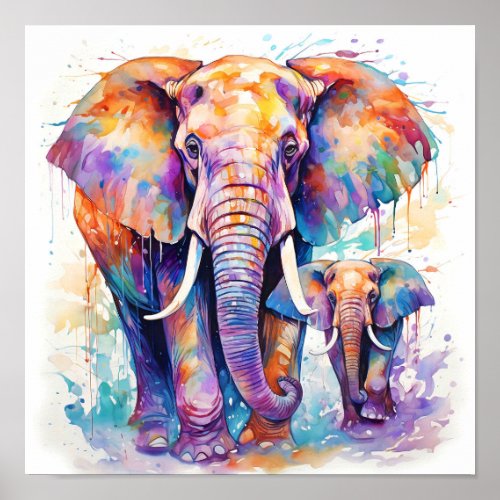 Colorful Elephants Watercolor Painting  Poster