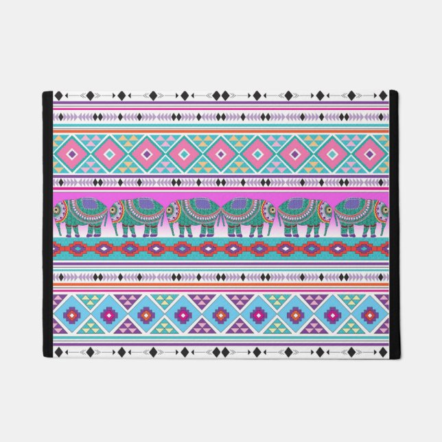 Colorful Elephants with Aztec Pattern Doormat (Front)