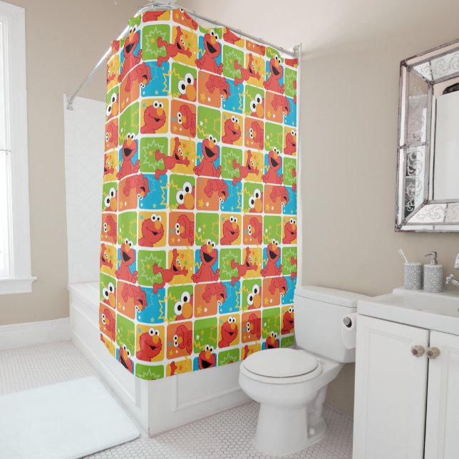 Colorful Elmo Grid Pattern Shower Curtain (In Situ)