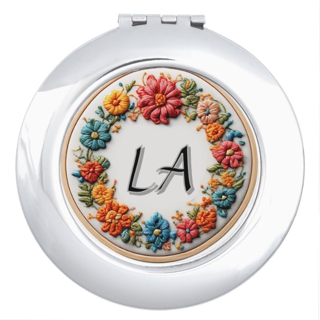 Colorful Embroidered Alphabet Design Compact Mirror (Front)