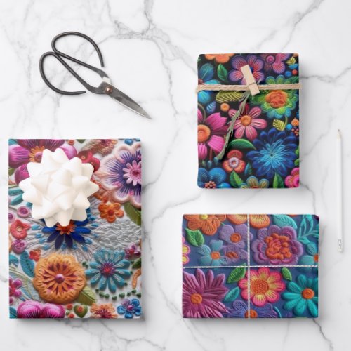 Colorful Embroidered Flowers Designs Wrapping Paper Sheets