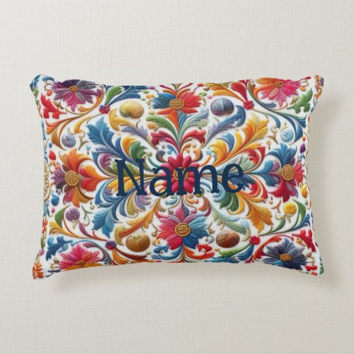 Colorful Embroidery Looking Floral Design Name Accent Pillow