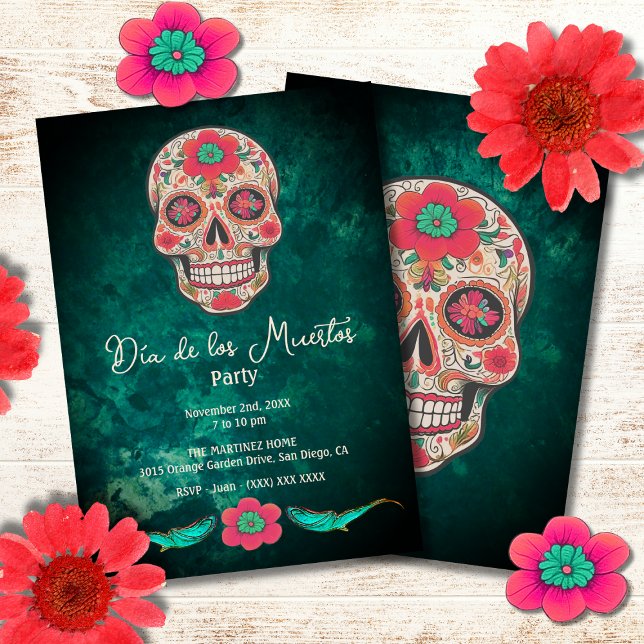 Colorful Emerald Sugar Skull Dia de los Muertos Invitation (Creator Uploaded)