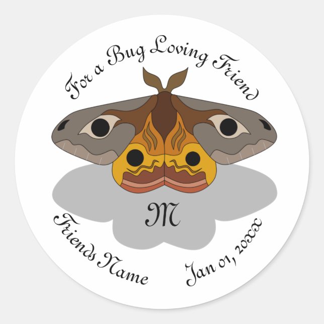 Colorful Emperor Moth Monogram Classic Round Sticker (Front)