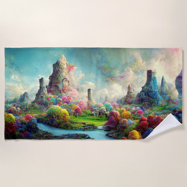 Colorful Enchanted Forest Alien Landscape Beach Towel (Front)