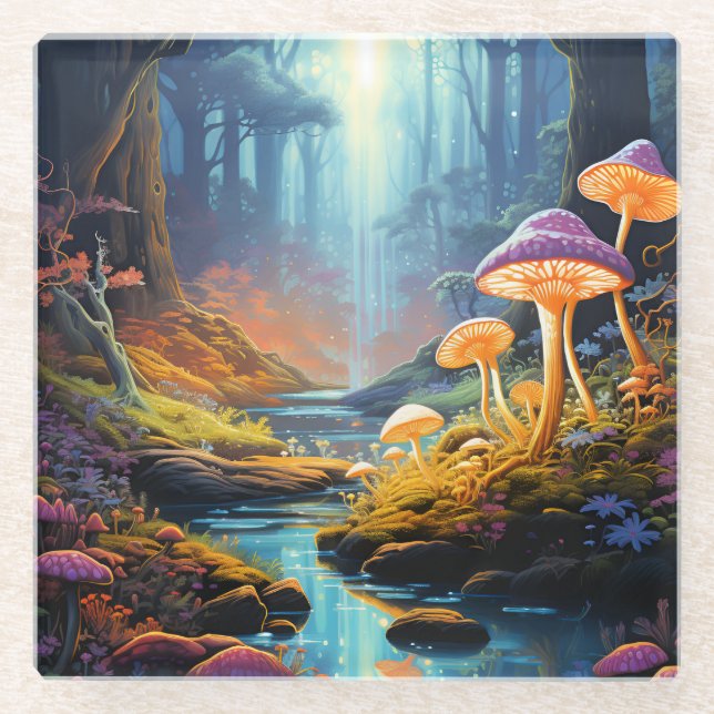 Colorful Enchanted Forest Fantasy Luminescence Glass Coaster (Front)