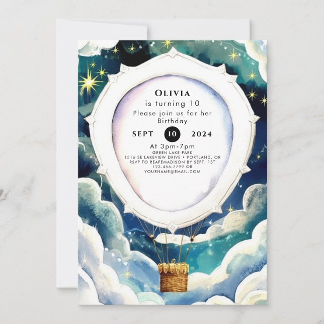 Colorful Enchantment Hot Air Balloon Birthday Invitation (Front)