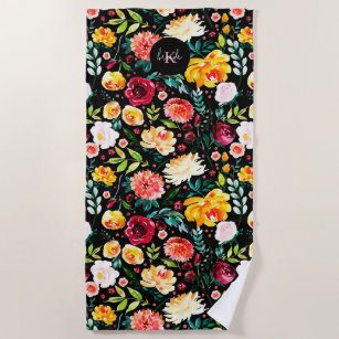 Colorful English garden flowers pattern monograms Beach Towel