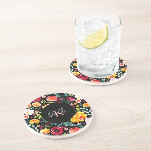 Colorful English garden flowers pattern monograms Coaster