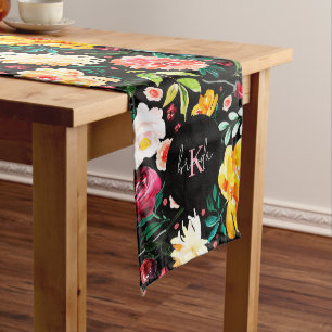 Colorful English garden flowers pattern monograms Long Table Runner