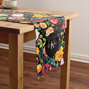 Colorful English garden flowers pattern monograms Medium Table Runner
