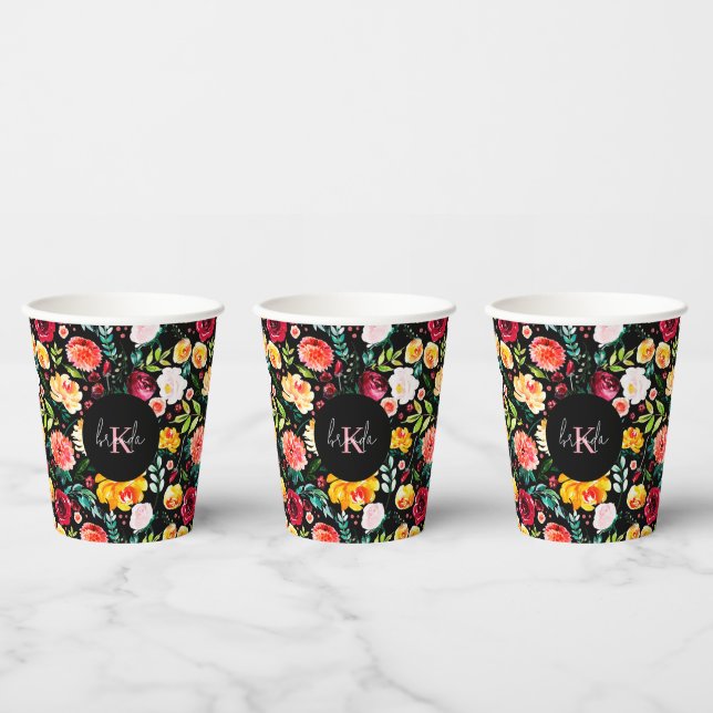 Colorful English garden flowers pattern monograms Paper Cups (Multi)