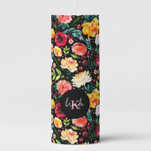 Colorful English garden flowers pattern monograms Pillar Candle