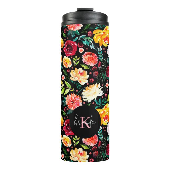Colorful English garden flowers pattern monograms Thermal Tumbler (Front)