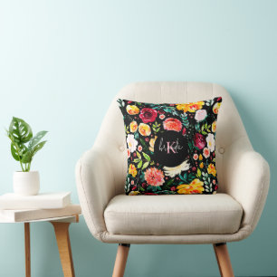 Colorful English garden flowers pattern monograms Throw Pillow
