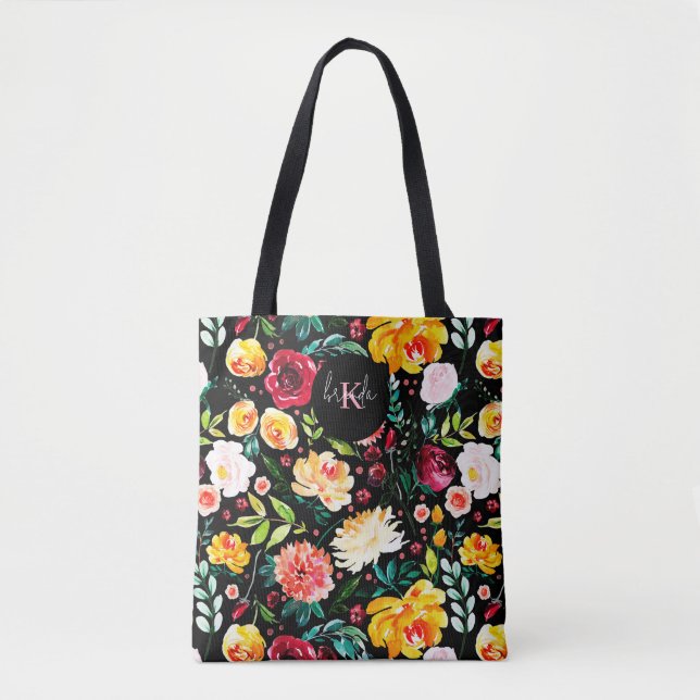 Colorful English garden flowers pattern monograms Tote Bag (Front)