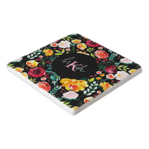 Colorful English garden flowers pattern monograms Trivet