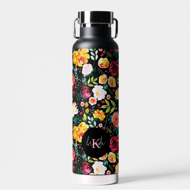 Colorful English garden flowers pattern monograms Water Bottle (Front)