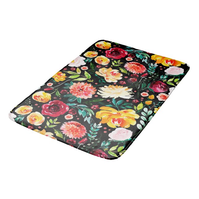 Colorful English Garden Summer Watercolor Flowers Bath Mat (Angled)