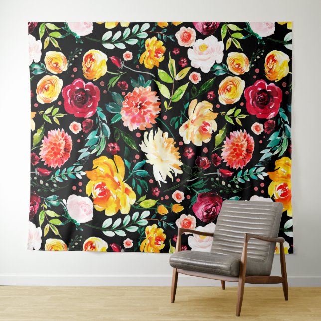 Colorful English garden watercolor flowers pattern Tapestry (In Situ (Horizontal))