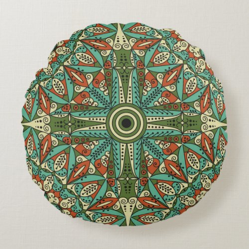 Colorful Ethnic Arabesque Vintage Ornament Round Pillow