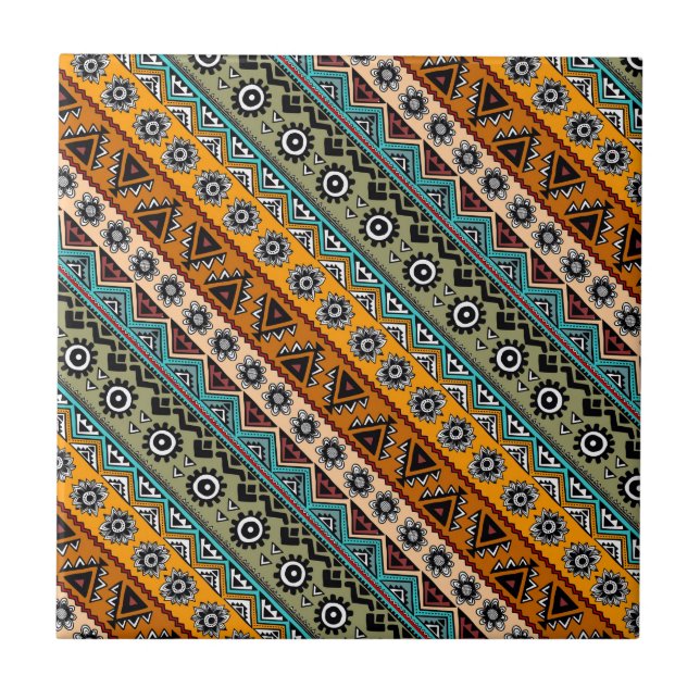 Colorful ethnic aztec patterns design ceramic tile (Front)