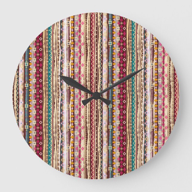 Colorful Ethnic Boho Tribal Pattern Large Clock (Front)