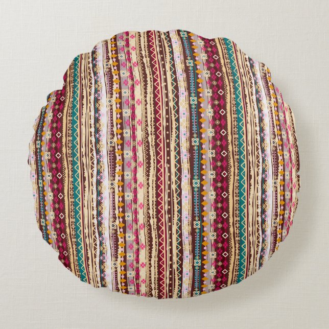 Colorful Ethnic Boho Tribal Pattern Round Pillow (Front)