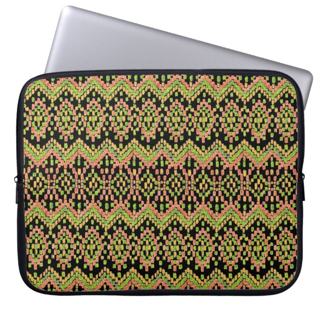 Colorful Ethnic Ikat Pattern on Black Laptop Sleeve (Front)