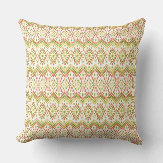 Colorful Ethnic Ikat Pattern on White Throw Pillow (Front)