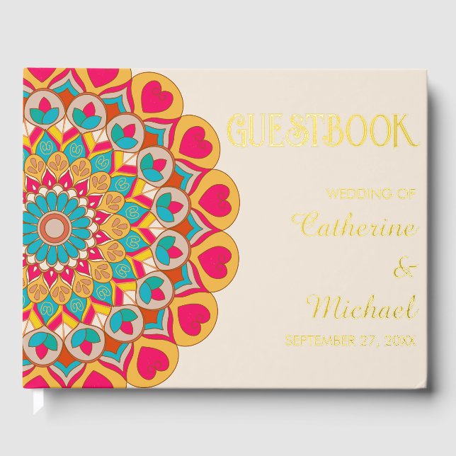 Colorful Ethnic Mandala Bold & Bright Wedding  Foil Guest Book (Front)