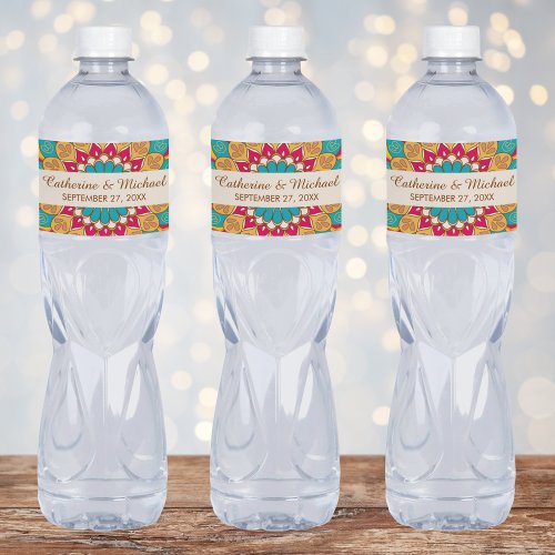 Colorful Ethnic Mandala Bold  Bright Wedding  Water Bottle Label