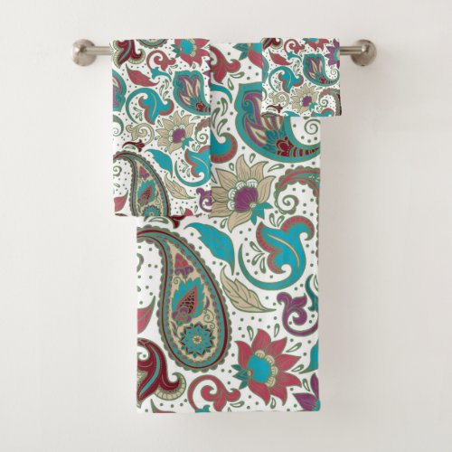 Colorful ethnic motive floral paisley pattern bath towel set