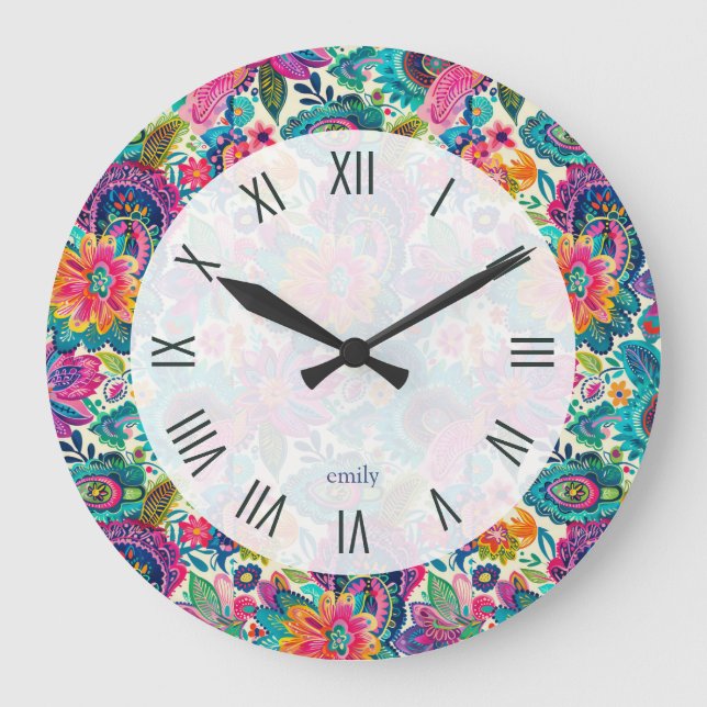 Colorful ethnic paisley pattern large clock (Front)