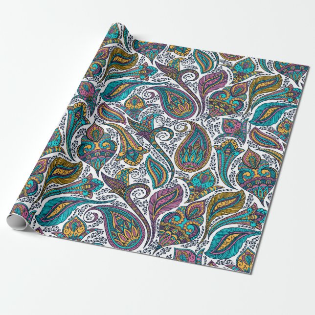 Colorful ethnic paisley pattern wrapping paper (Unrolled)