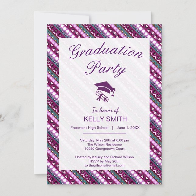 Colorful ethnic patterns design graduation party invitation (Front)
