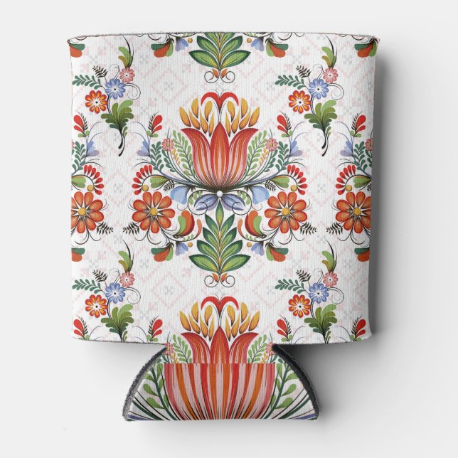 Colorful Ethnic Petrykivka: Ukrainian Flowers. Can Cooler (Front)