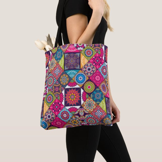 Colorful ethnic tiles pattern tote bag (Close Up)