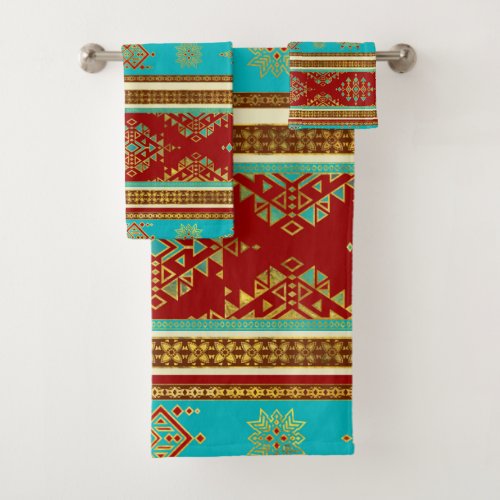Colorful Etnic Ornament _ teal and red Bath Towel Set