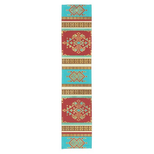 Colorful Etnic Ornament _ teal and red Short Table Runner