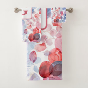 Colorful Eucalyptus Watercolor Leaves monogram Bath Towel Set