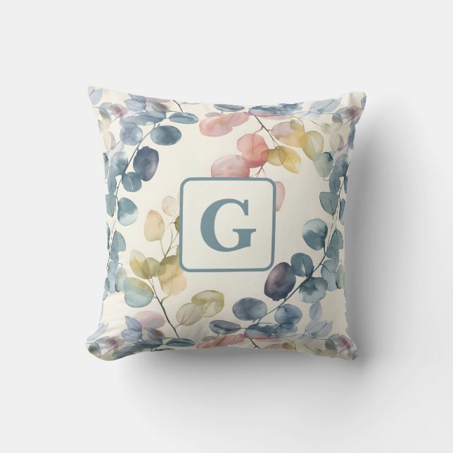  Colorful Eucalyptus Watercolor Leaves monogram  Throw Pillow (Front)