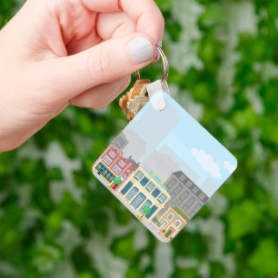 Colorful European City Street Urban Skyline Keychain