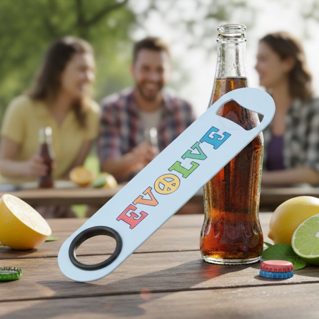 Colorful Evolve Peace Sign Bottle Opener (Evolve peace sign bottle opener.)